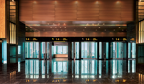 90 persons observatory type passenger elevator (shuttle elevator)/ 29th floor elevator hall (sky lobby)