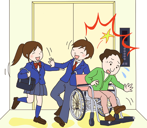 When riding together with a wheelchair user, people nearby should be careful not to push the wheelchair.