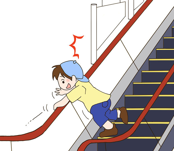 Do not lean your body over the outside or lean on the moving handrail.