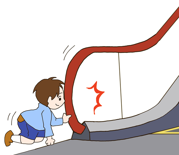 Do not touch the steps, comb, skirt guard panel, or handrail inlet.