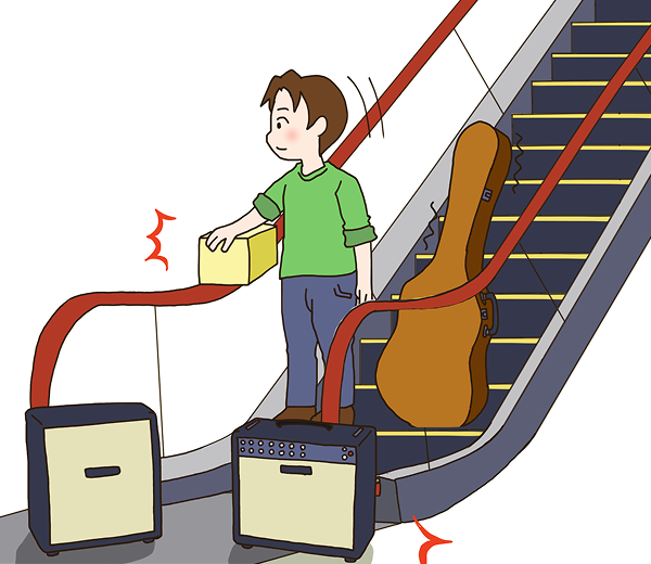Do not place luggage or any items on the steps, moving handrail, deck board, or landing plate.