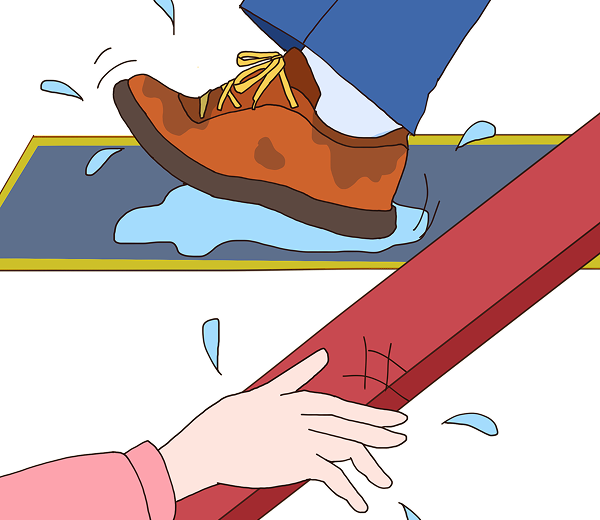 Do not step onto the steps with wet shoes or hold the handrail with wet hands.