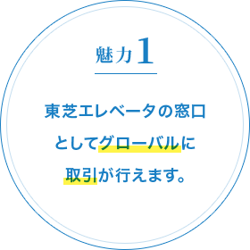 魅力1 東芝エレベータの窓口としてグローバルに取引が行えます。