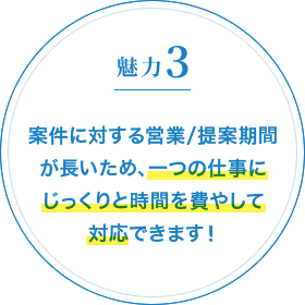 魅力3 案件に対する営業/提案期間が長いため、一つの仕事にじっくりと時間を費やして対応できます!