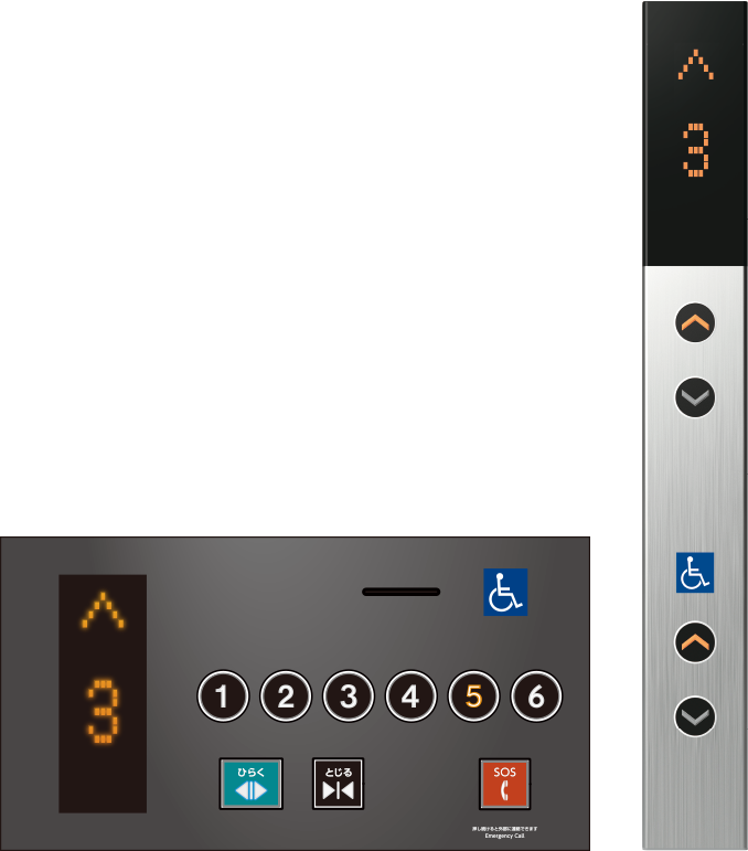 車いす専門のりばインジケータ・ボタン（右）。車いす専門かご操作盤（左）