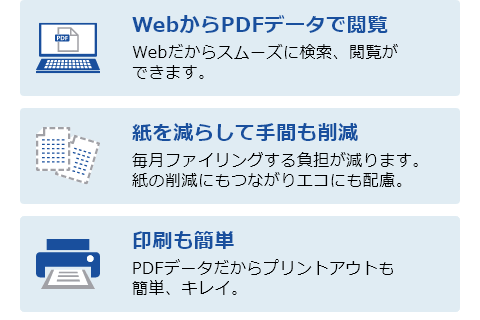 ・WebからPDFデータで閲覧 Webだからスムーズに検索、閲覧ができます。 ・紙を減らして手間も削減 毎月ファイリングする負担が減ります。紙の削減にもつながりエコにも配慮。 ・印刷も簡単 PDFデータだからプリントアウトも簡単、キレイ。